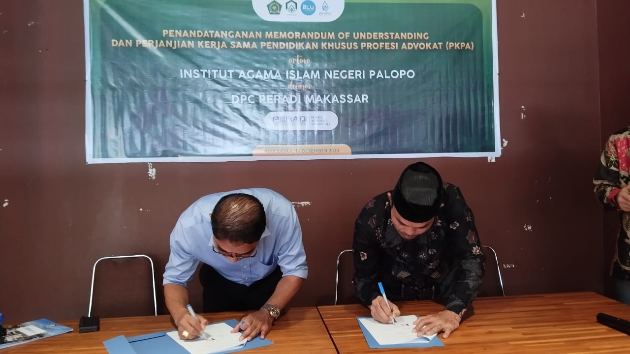 DPC PERADI SAI Makassar telah melakukan penandatanganan MoU kerjasama PKPA dengan (IAIN) Institut Agama Islam Negeri, Palopo yang dilaksanakan pada 14 Desember 2023, di Kampoeng Kuliner Jl. A. P. Pettarani Makassar.